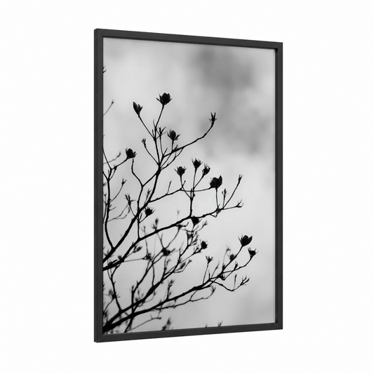 Silhouette Cherry Blossoms framed art print — black wood frame — black and white palette