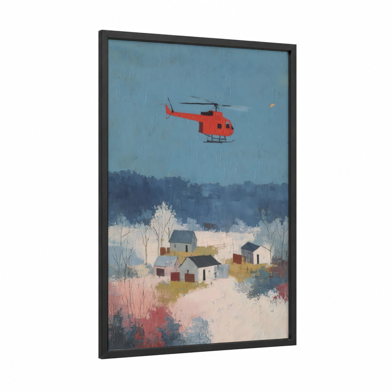 Red Rescue Helicopter framed art print — black wood frame — blue and white palette