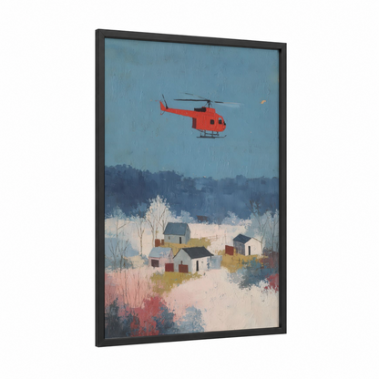 Red Rescue Helicopter framed art print — black wood frame — blue and white palette