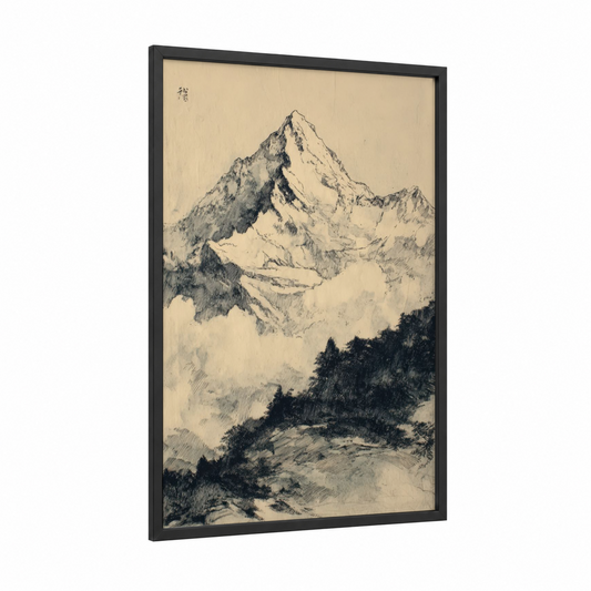 Alpine Peak Study framed mount everest print — black wood frame — black and white and cream palette