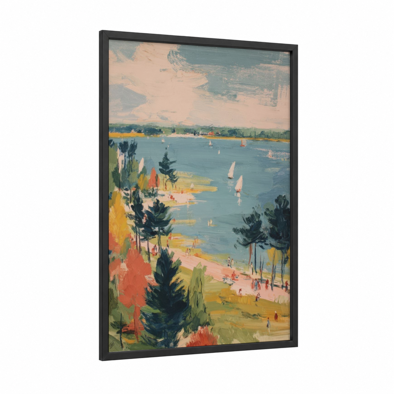 Lakeside Summer Scene framed art print — black wood frame — peach and teal palette
