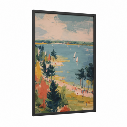 Lakeside Summer Scene framed art print — black wood frame — peach and teal palette