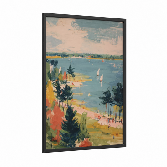Lakeside Summer Scene framed art print — black wood frame — peach and teal palette