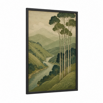Eucalyptus River Valley Landscape Wall Art framed rivers print — black wood frame — sage green and beige palette