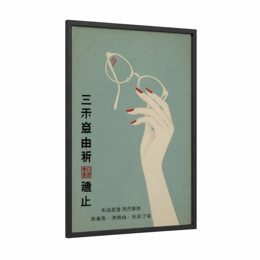 Vintage Japanese Fashion Beauty Wall Art framed nail print — black wood frame — sage green and cream palette