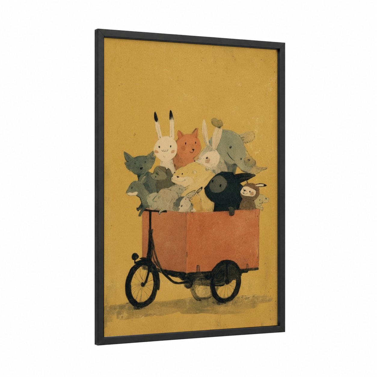 Whimsical Cargo Bike framed urban bicycle print — black wood frame — yellow gold and russet palette