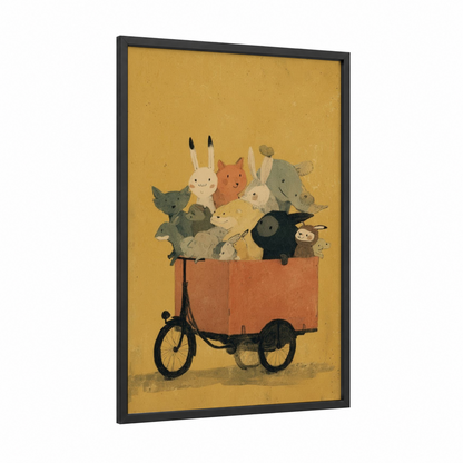 Whimsical Cargo Bike framed urban bicycle print — black wood frame — yellow gold and russet palette