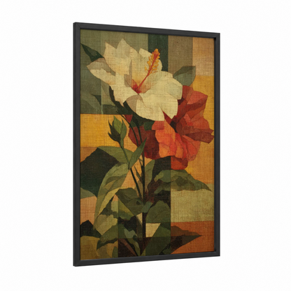 Vintage Hibiscus framed art print — black wood frame — gold and green palette