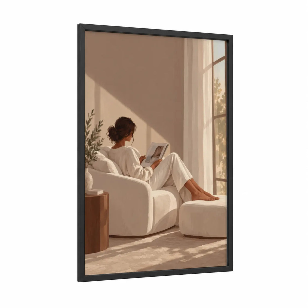Peaceful Reading by Window Wall Art framed art print — black wood frame — beige and cream palette