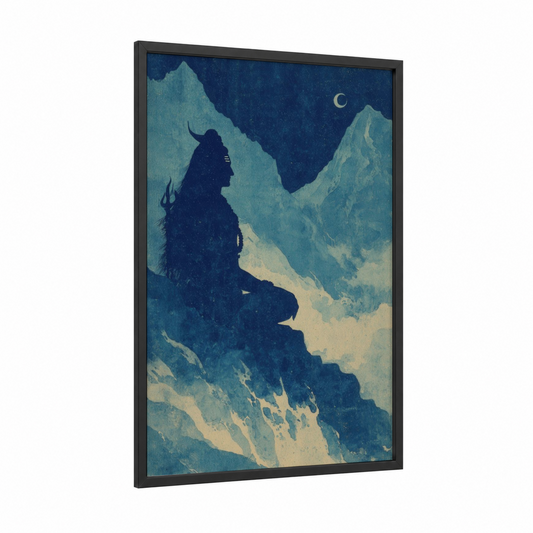 Mountain Shiva framed hinduism print — black wood frame — dark blue and turquoise palette