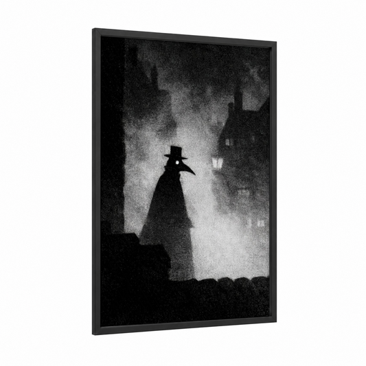 Plague Doctor Silhouette framed dark fantasy print — black wood frame — black and white and gray palette