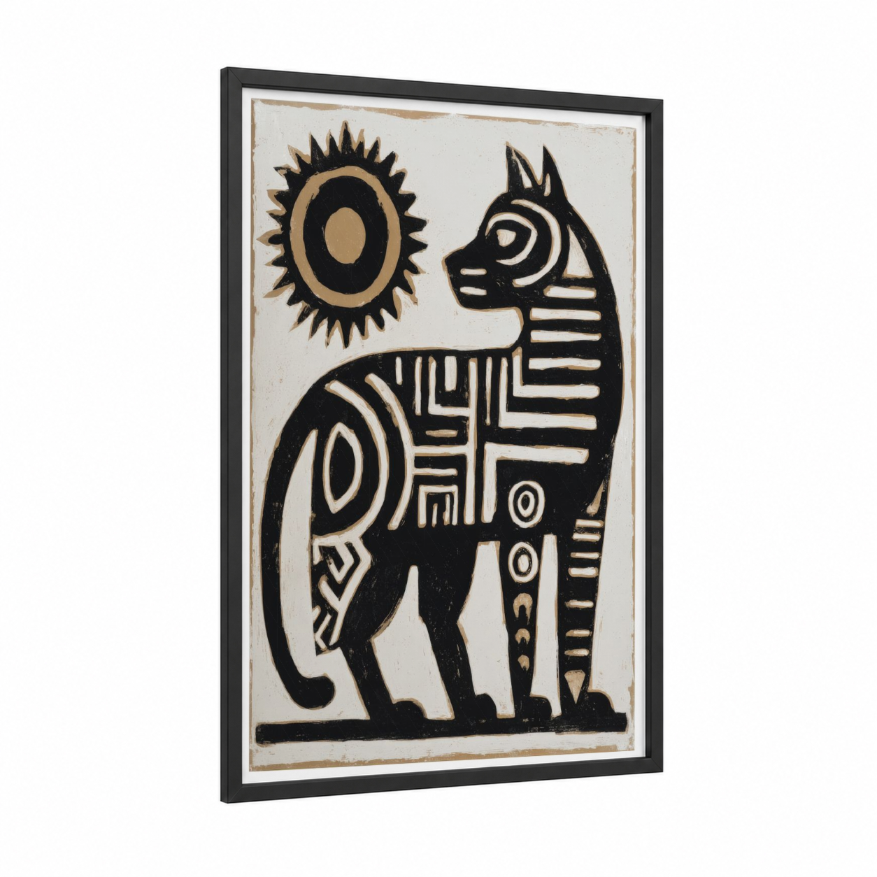 Sacred Sun Horse framed abstract traditional print — black wood frame — black and cream palette