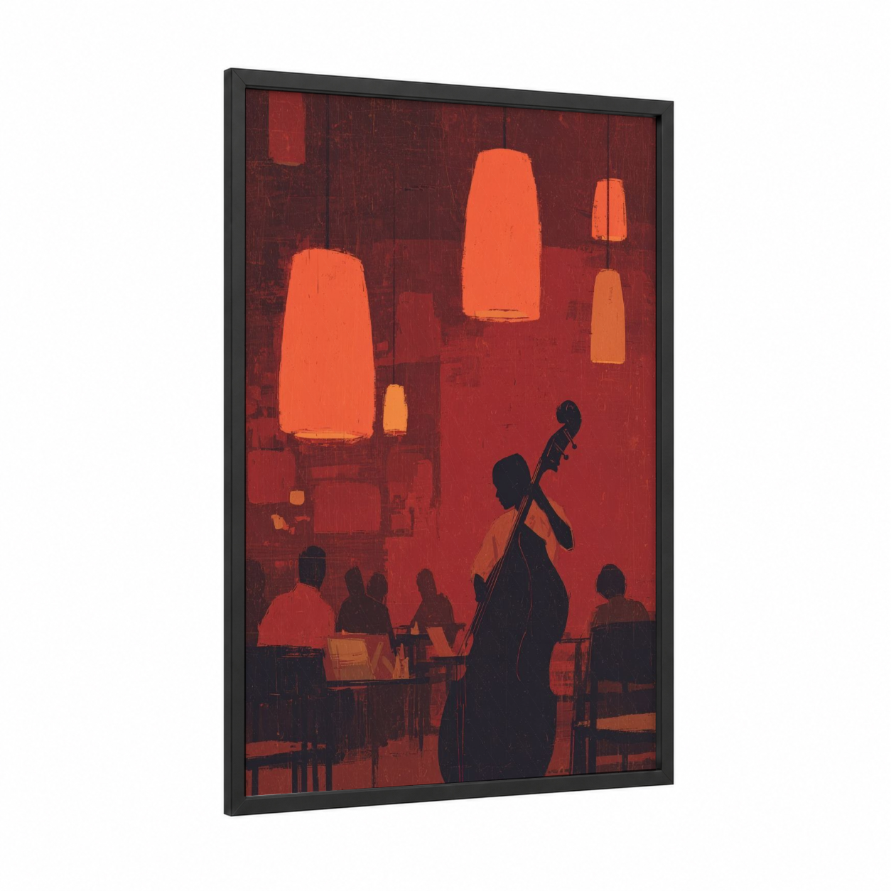 Jazz Cellist framed musician print — black wood frame — red and gold palette