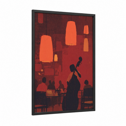Jazz Cellist framed musician print — black wood frame — red and gold palette