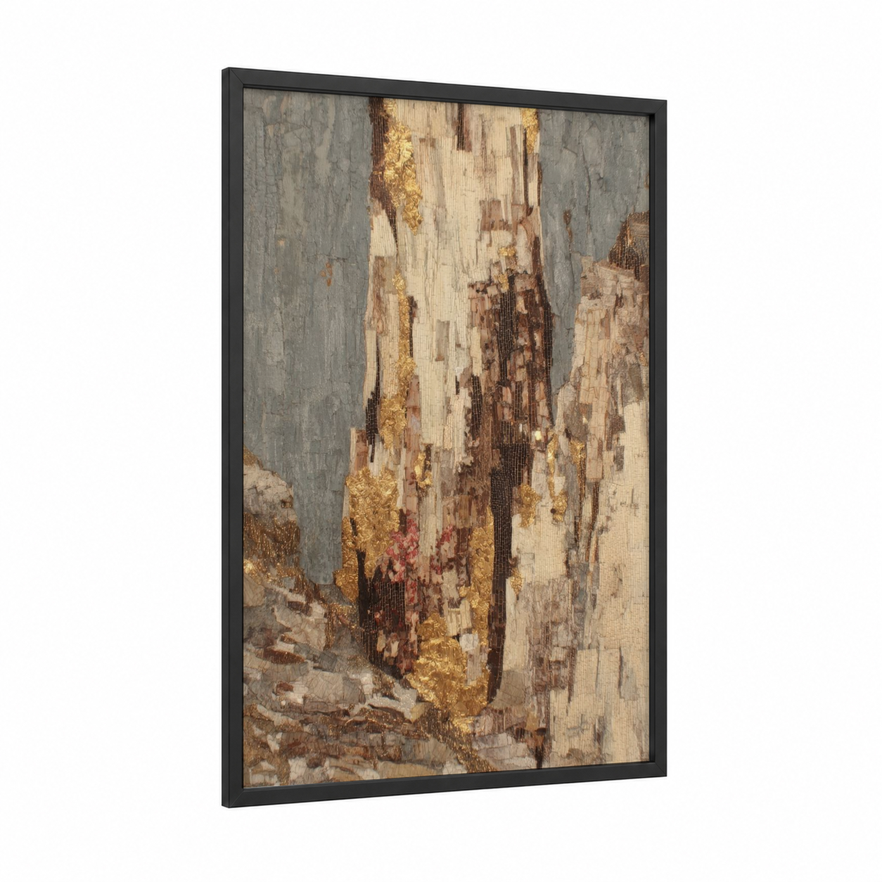 Golden Kauri Bark framed kauri tree print — black wood frame — gold and gray palette