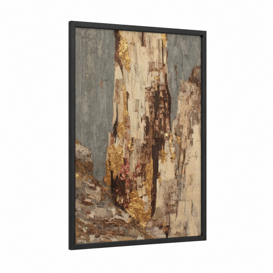 Golden Kauri Bark framed kauri tree print — black wood frame — gold and gray palette