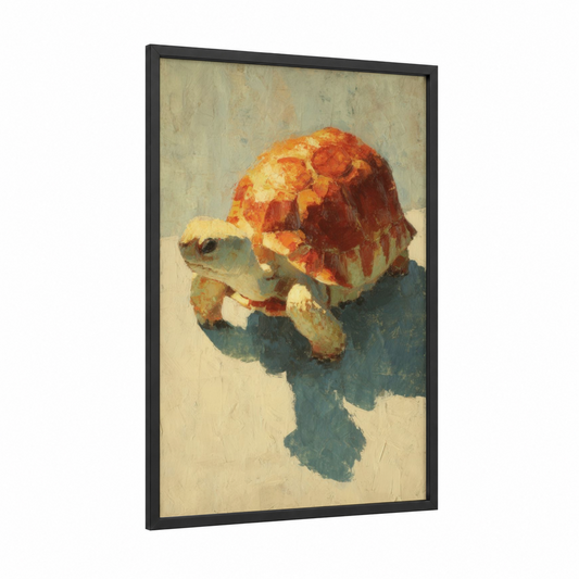 Sunlit Tortoise framed turtle print — black wood frame — gold and red palette