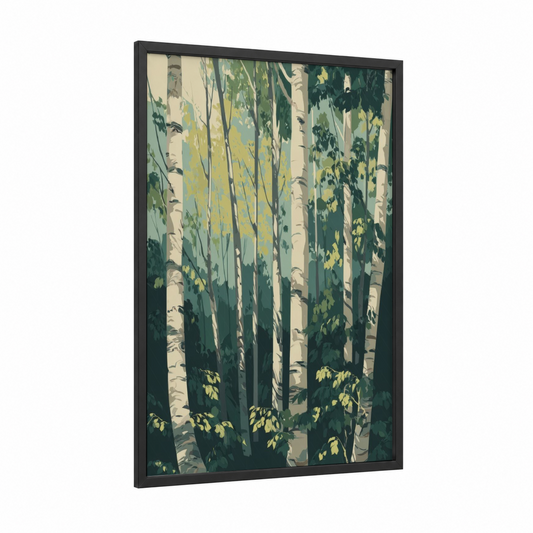 Birch Forest Light framed art print — black wood frame — white and dark green palette