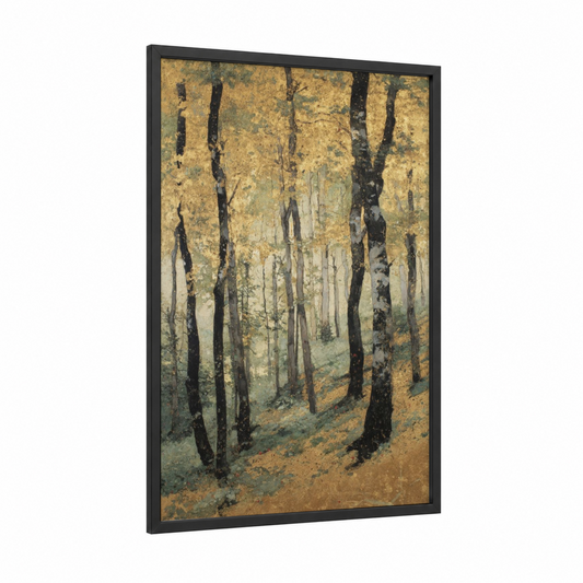 Golden Forest Path framed forest trees print — black wood frame — yellow gold and brown palette