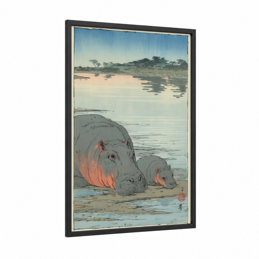 Riverside Hippo Pair framed art print — black wood frame — blue and peach palette