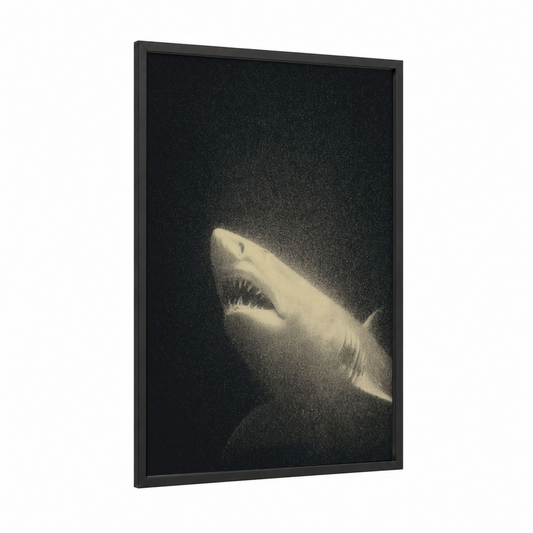 Spotlight Shark framed sand tiger shark print — black wood frame — black and white and gray palette