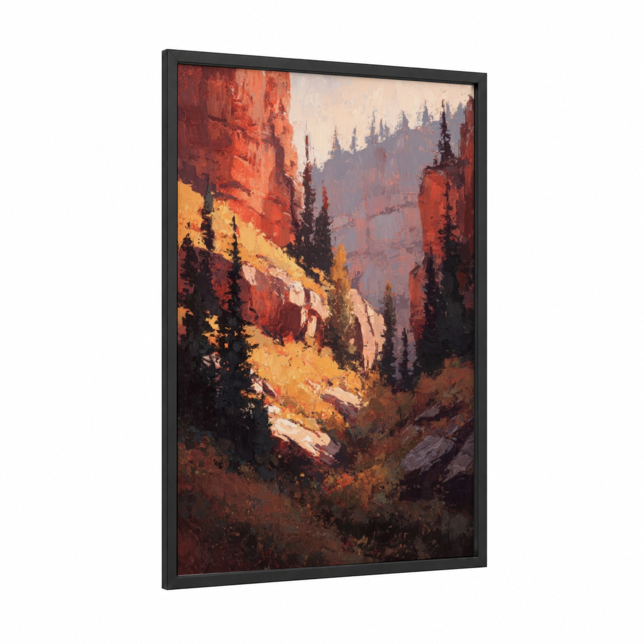 Crimson Canyon Passage framed art print — black wood frame — red and gold palette