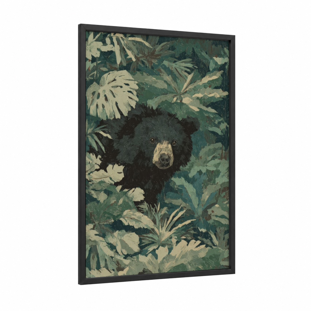 Jungle Sloth Bear framed art print — black wood frame — dark green and cream palette