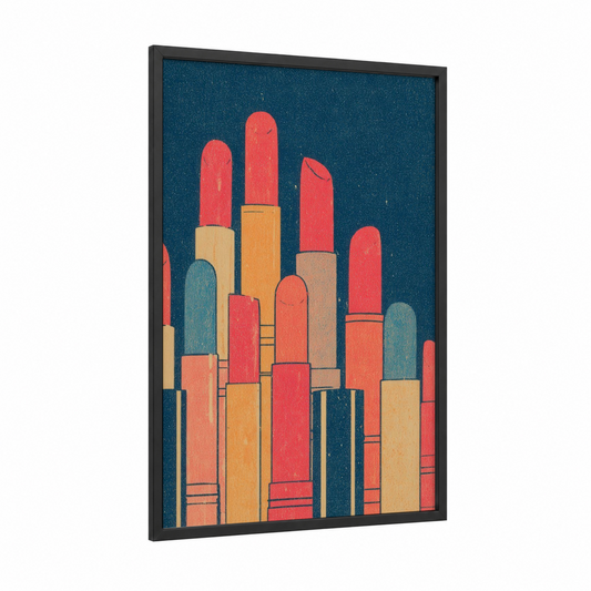 Coral Lipstick Tower framed make up print — black wood frame — red and dark blue palette