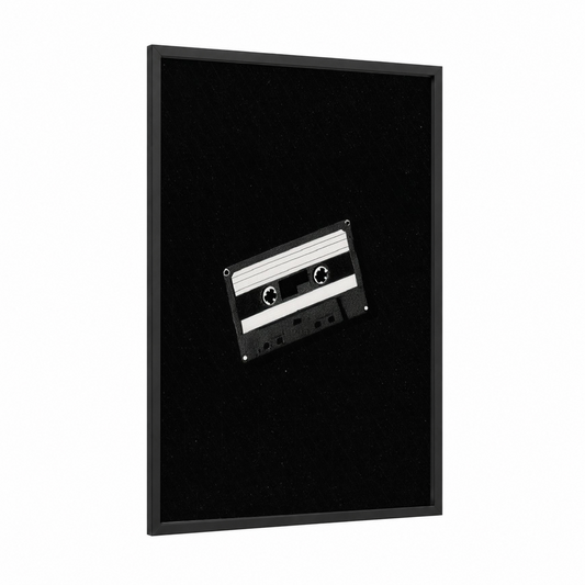 Retro Cassette framed casette print — black wood frame — black and white palette