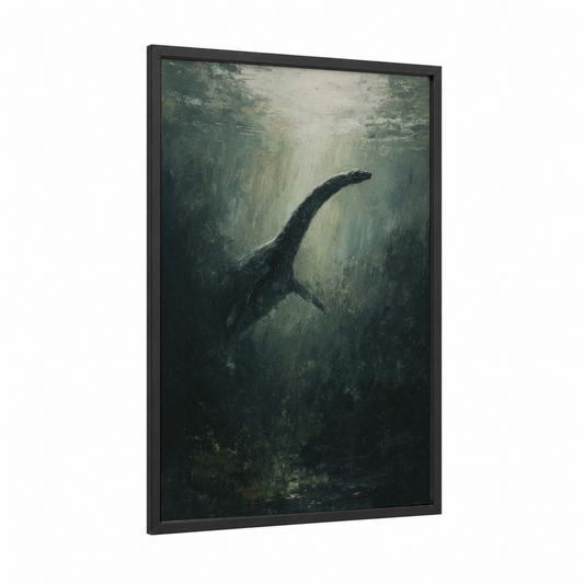 Misty Loch Creature framed loch ness monster print — black wood frame — gray and dark green palette