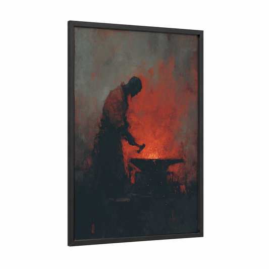 Elf Blacksmith framed art print — black wood frame — red and black palette