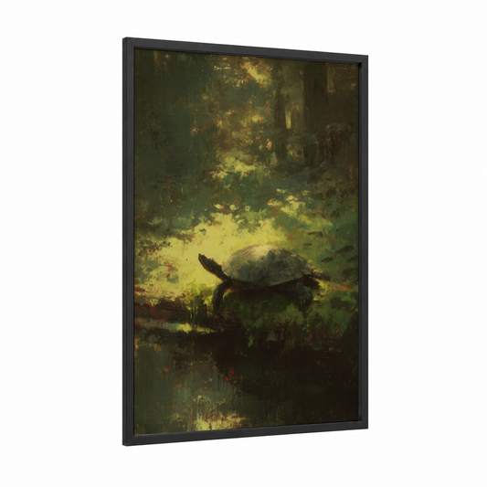 Sunlit Turtle framed art print — black wood frame — dark green and yellow gold palette