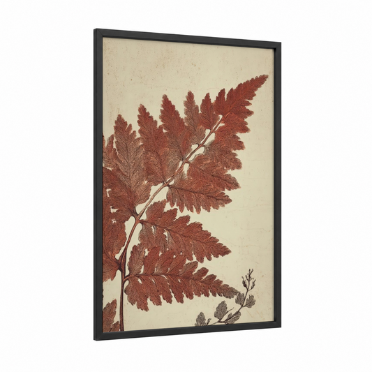 Rust Fern Botanicals framed leaf print — black wood frame — russet and cream palette