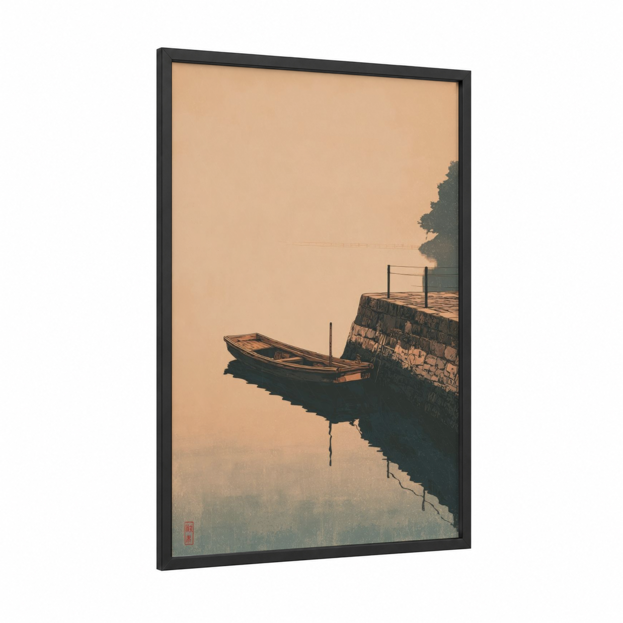 Misty Harbor framed port print — black wood frame — beige and sage green palette