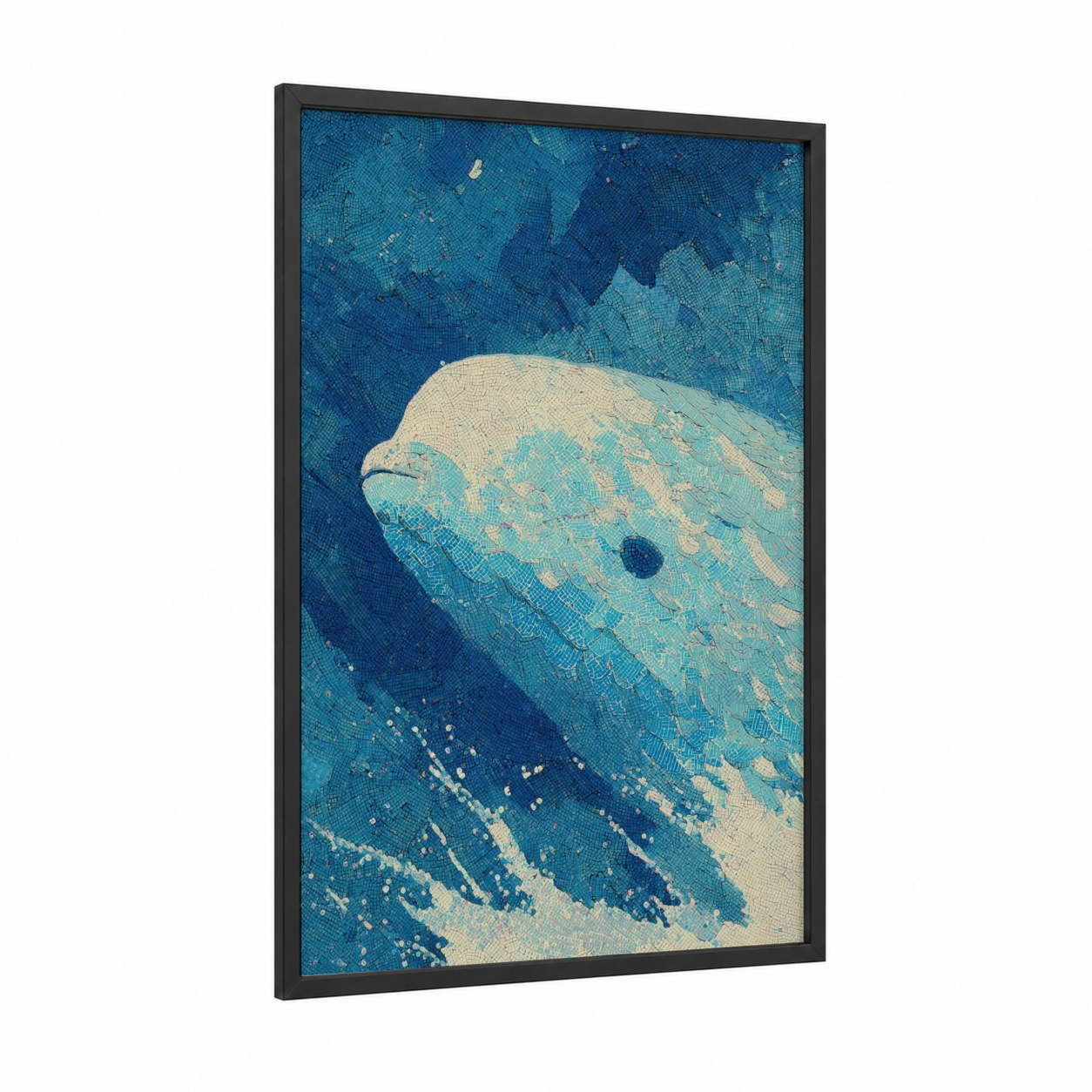 Arctic Beluga framed beluga whale print — black wood frame — blue and cream palette