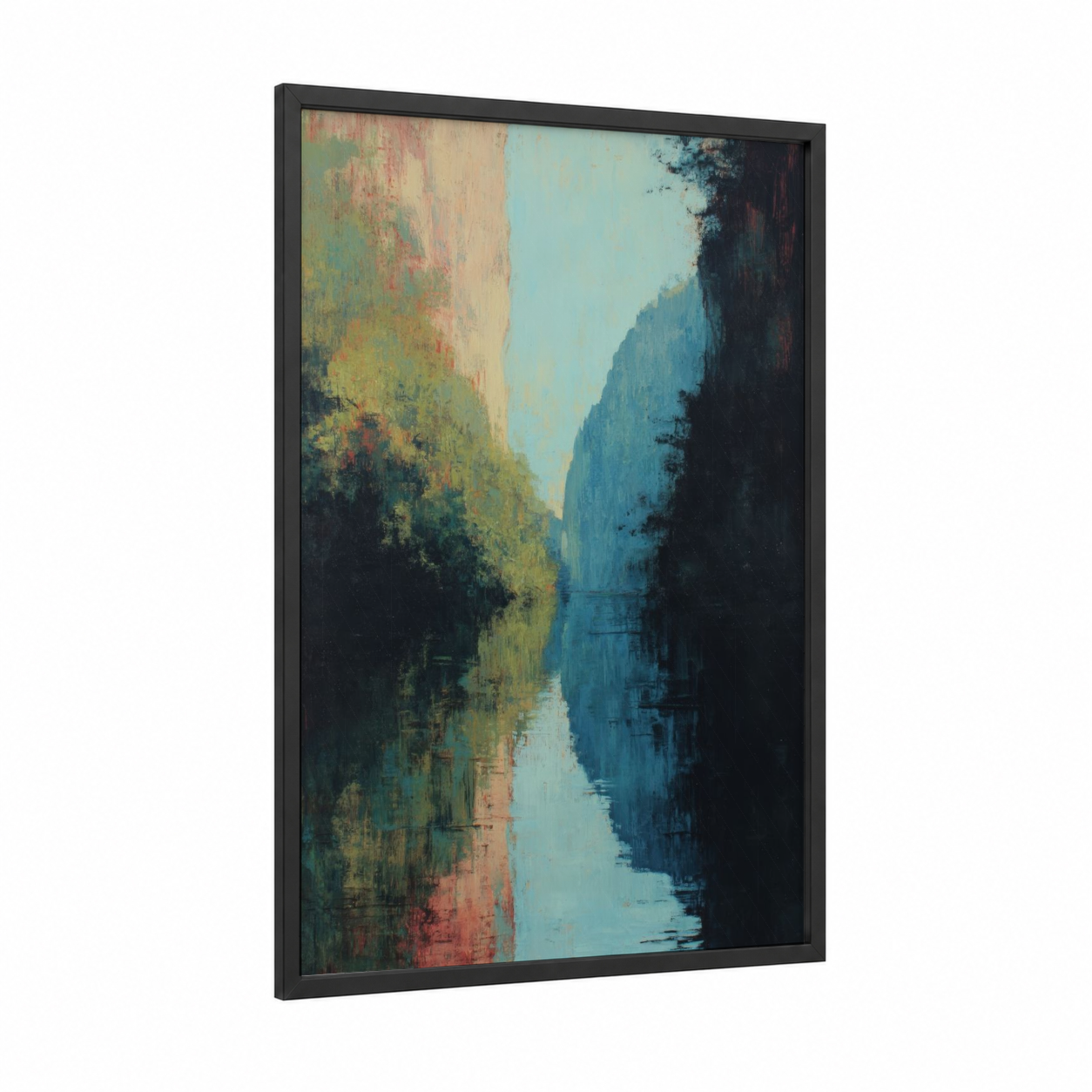 Luminous Canyon framed art print — black wood frame — blue and sage green palette