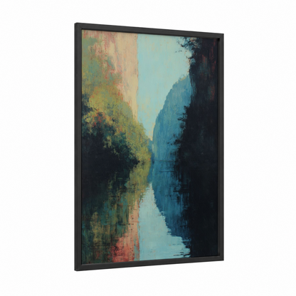 Luminous Canyon framed art print — black wood frame — blue and sage green palette