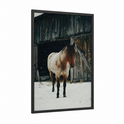 Snowy Quarter Horse framed art print — black wood frame — cream and black and white palette