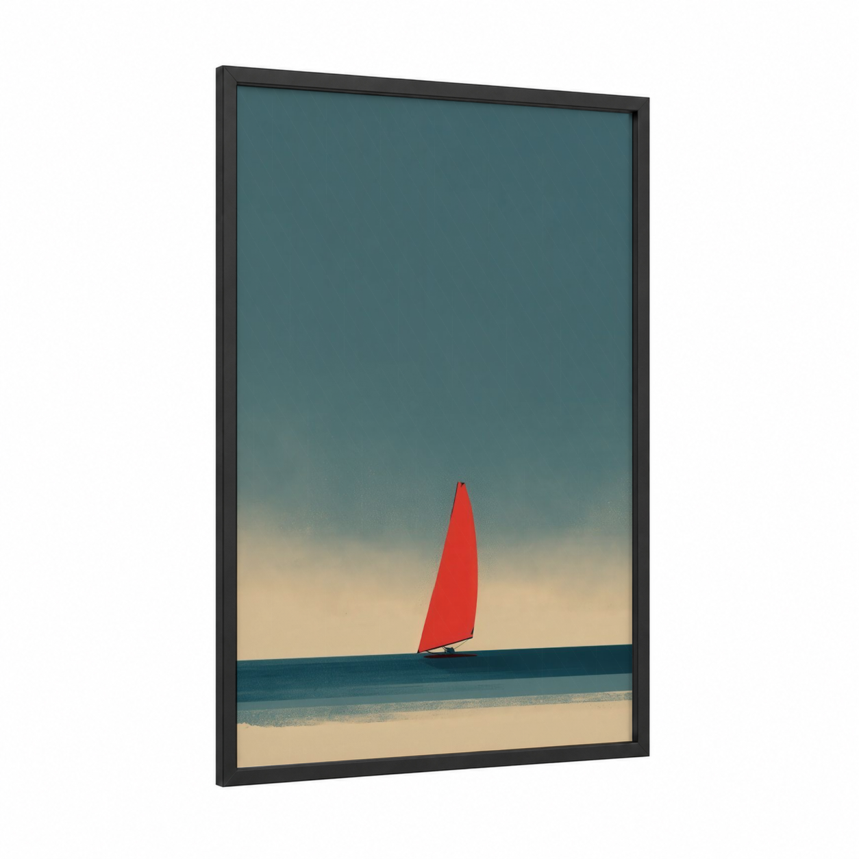 Red Sail Minimalist framed windsurfing print — black wood frame — teal and red palette