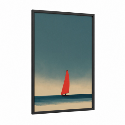Red Sail Minimalist framed windsurfing print — black wood frame — teal and red palette