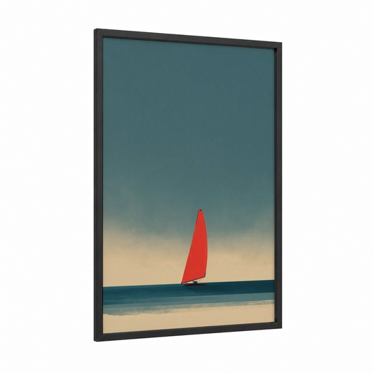 Red Sail Minimalist framed windsurfing print — black wood frame — teal and red palette