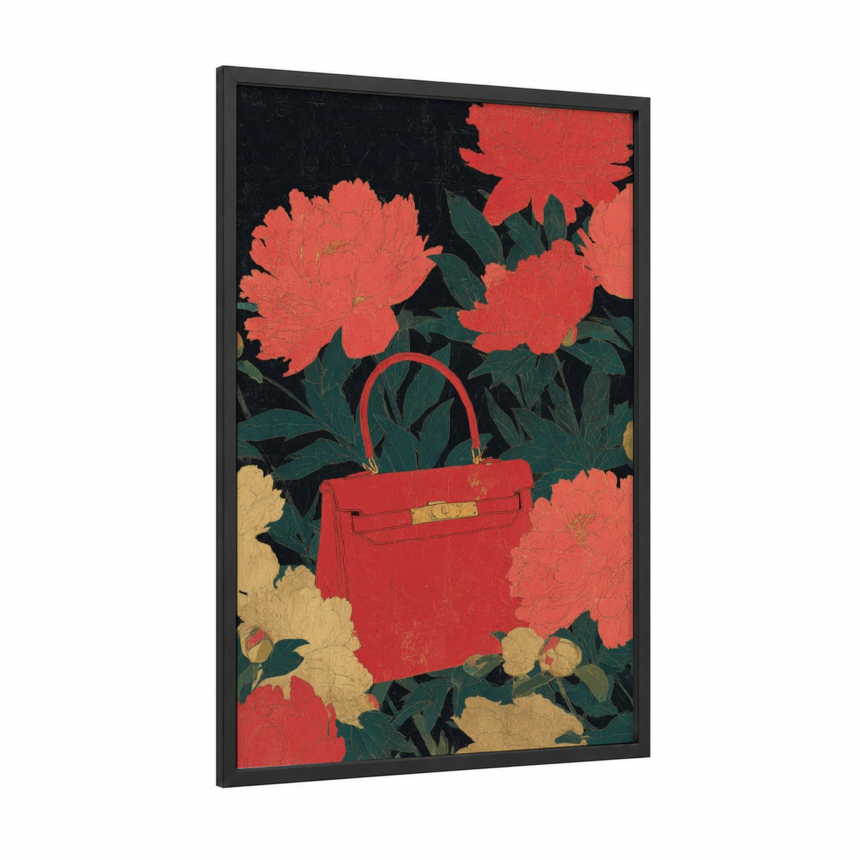 Crimson Handbag Florals framed fashion illustration print — black wood frame — red and gold palette
