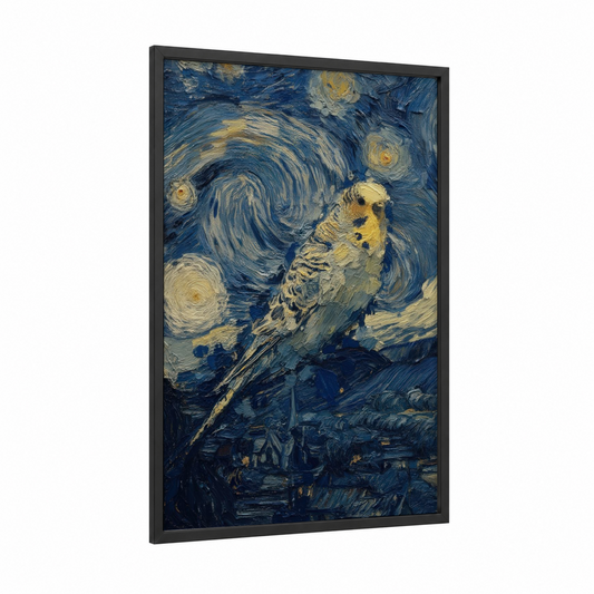 Starry Budgerigar framed budgeridar print — black wood frame — blue and gold palette