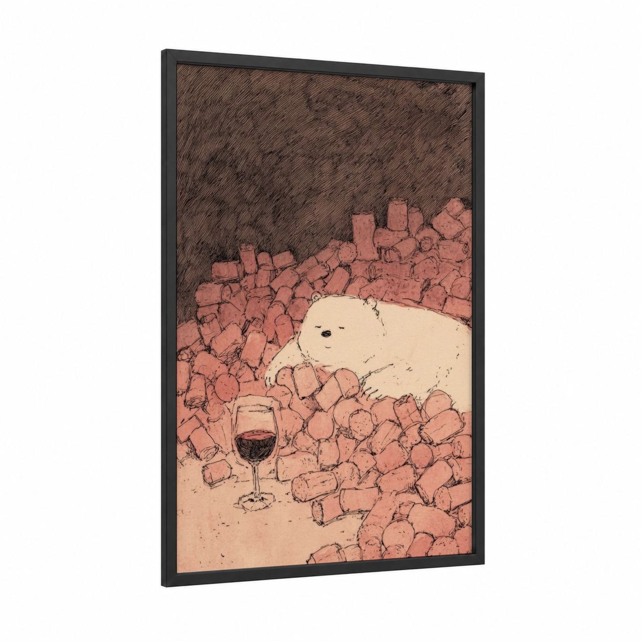 Wine Cellar Companion framed wineries and cellars print — black wood frame — peach and brown palette