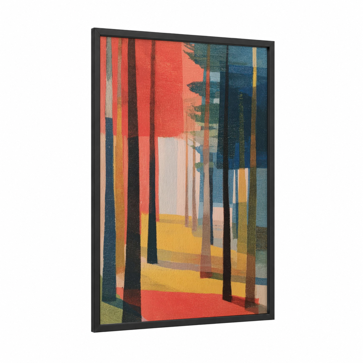 Crimson Pine Forest framed art print — black wood frame — red and gold palette