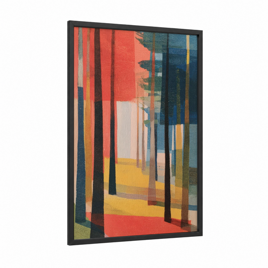 Crimson Pine Forest framed art print — black wood frame — red and gold palette