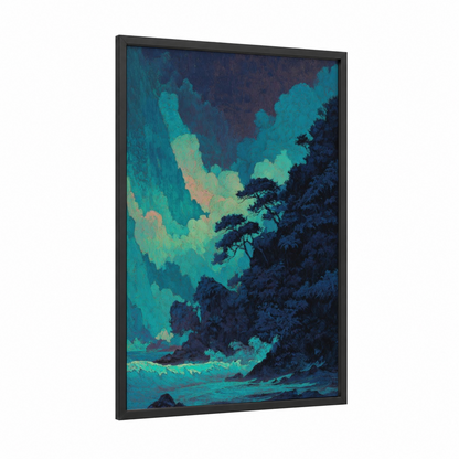 Turquoise Moonlit Cove framed seascapes and ocean print — black wood frame — turquoise and dark blue palette