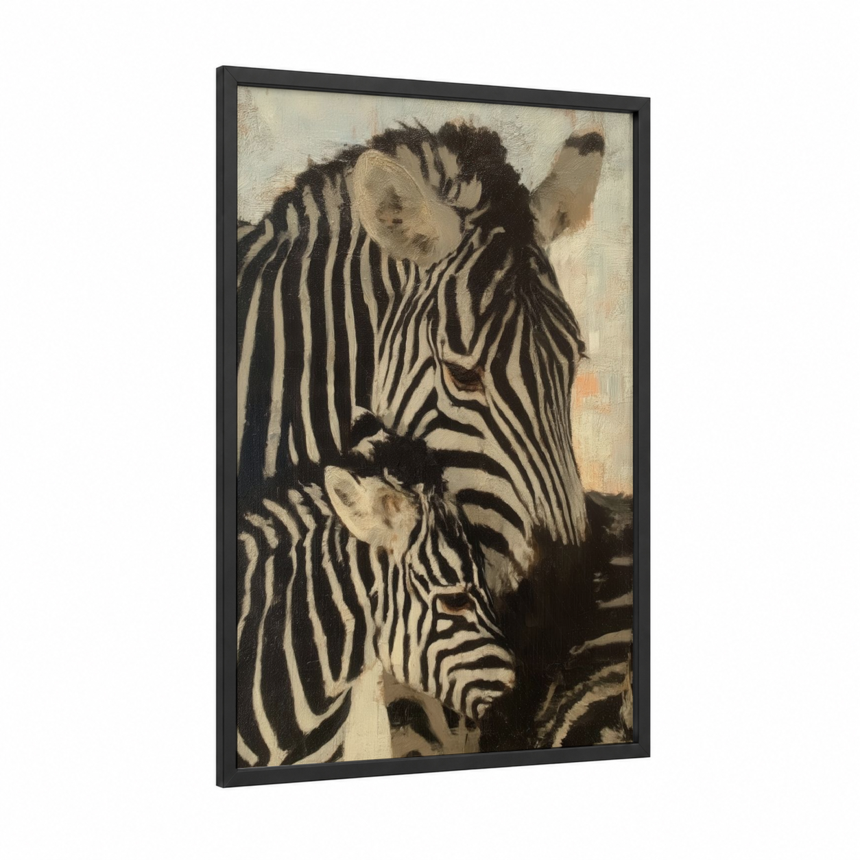 Grazing Zebra framed art print — black wood frame — cream and black and white palette