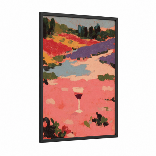 Rosé Vineyard framed rose wine print — black wood frame — salmon pink and gold palette