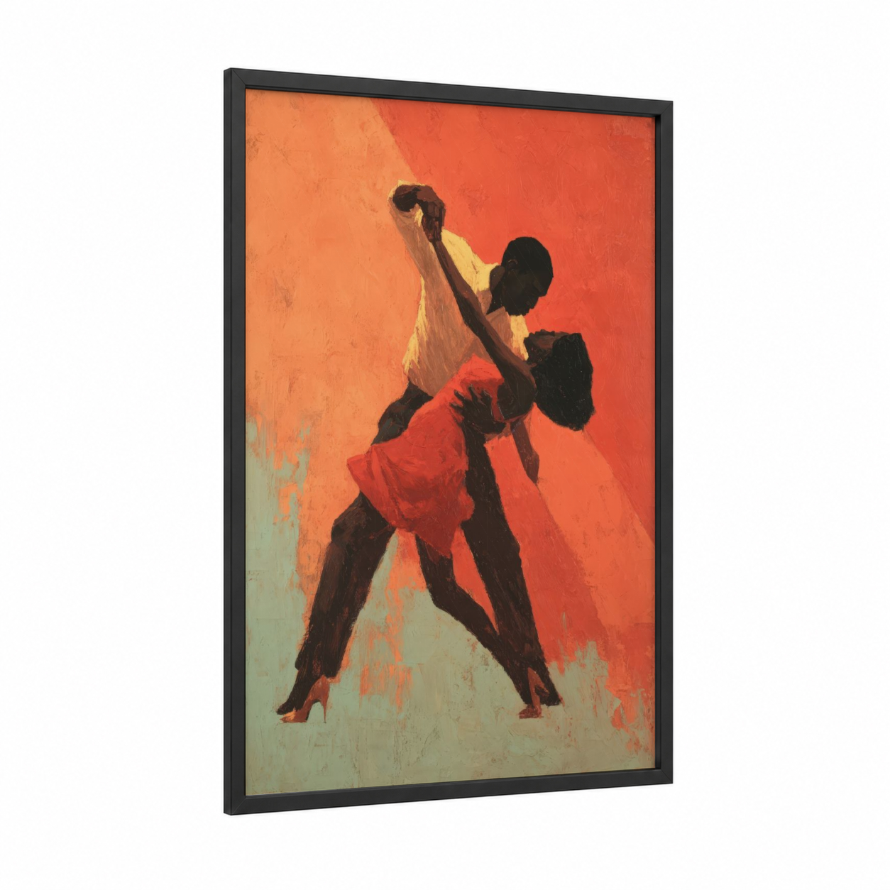 Crimson Swing Dance framed art print — black wood frame — red and orange palette
